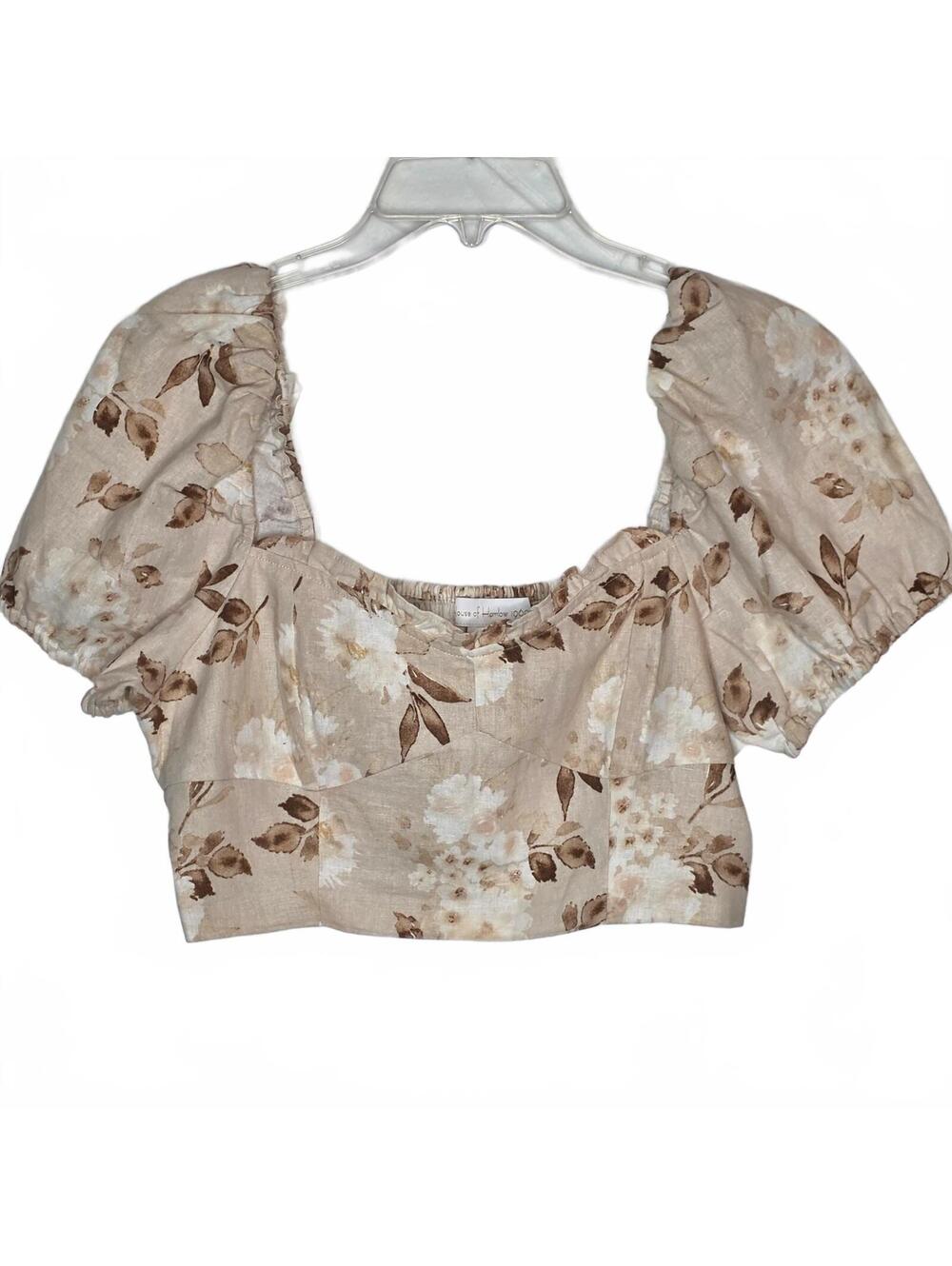 House of Harlow Samina Cropped Linen Blend Top Size 8 Cream Tan Floral
